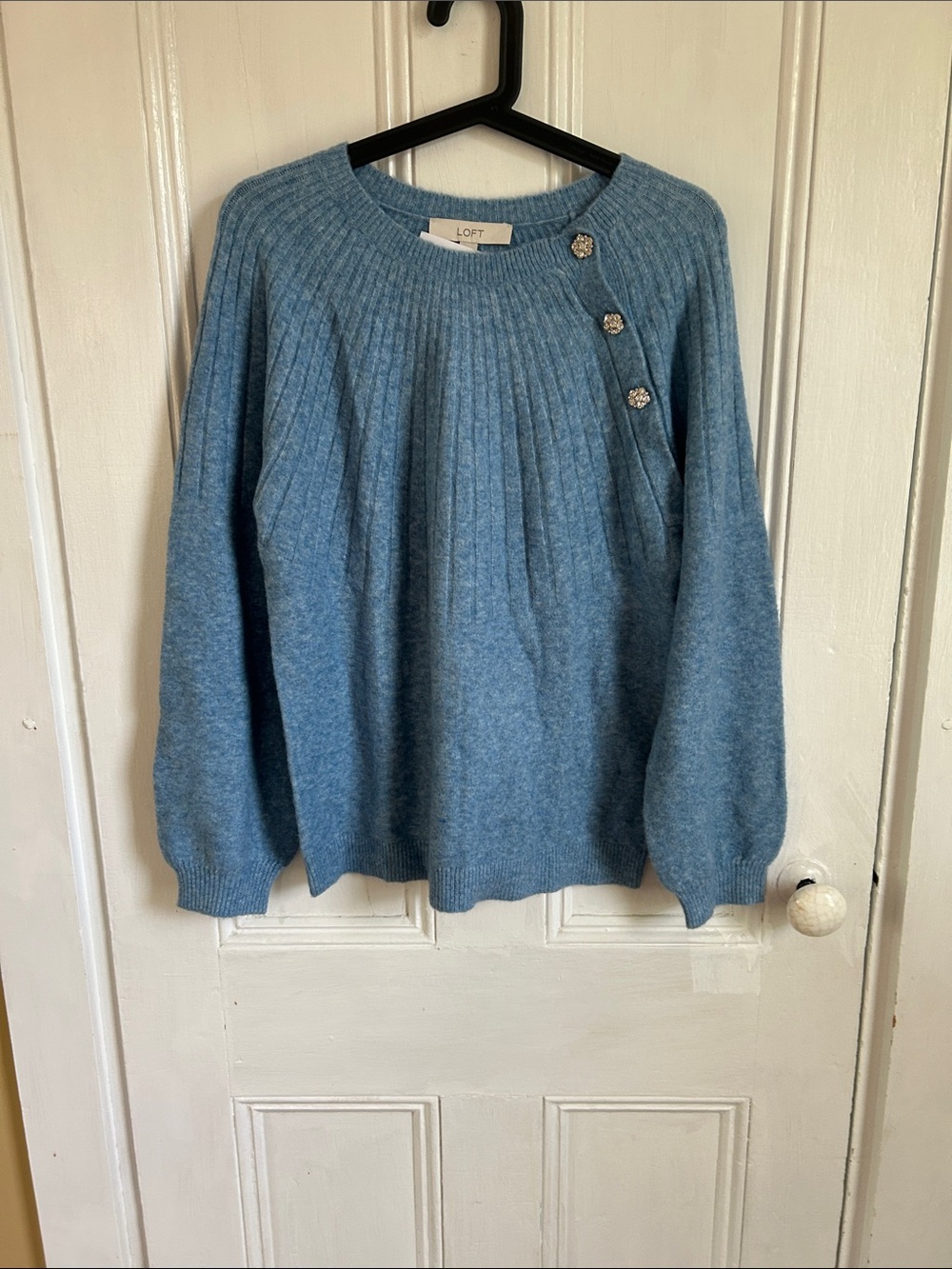 LOFT Dusty Blue Pleated Crewneck Sweater with Decorative Buttons